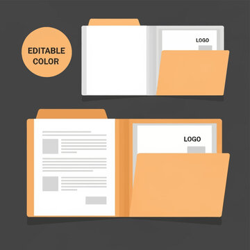 Professional orange presentation folder mockup set featuring open views with internal pockets, document inserts, and placeholder logo spots on a minimalist dark gray background.