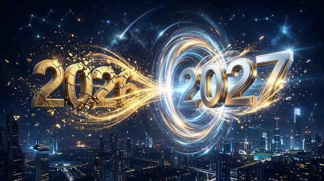 Futuristic digital timeline graphic showing year progression from 2023 to 2027 with cityscape background