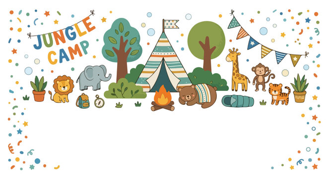 A cute jungle camp vector banner featuring cartoon animals, a tent, campfire, and colorful confetti decoration.