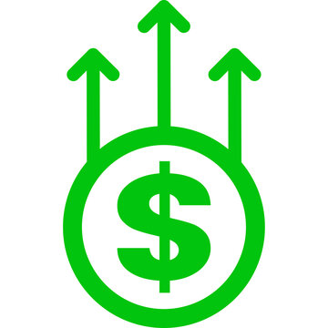 Green dollar coin with triple rising growth arrows icon, flat vector symbol for financial profit, investment return, and wealth increase