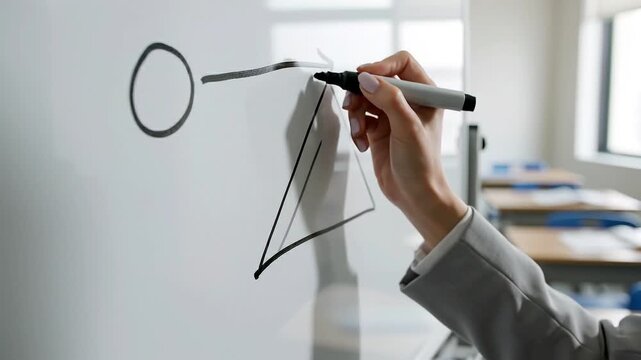 Professional teacher in business suit drawing geometry diagram and chart on white board using black marker inside bright modern school classroom