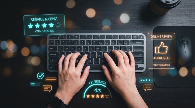 Top view of hands typing on keyboard surrounded by glowing neon icons for service rating and online reviews, digital customer satisfaction feedback and experience score.