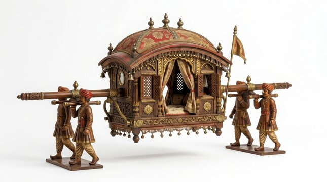 Ornate vintage indian palanquin carried by four figures on white background with sedan chair vintage transport indian history hand carried traditional carrier ornate decor historical travel