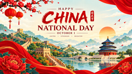 Fototapeta premium China National Day October 1 Traditional Banner with Flag, Lanterns and Temple Illustration