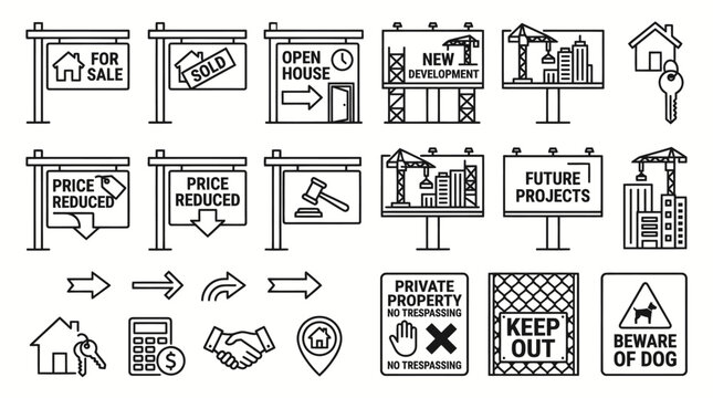 Real estate and property management sign icons for sale and auction.