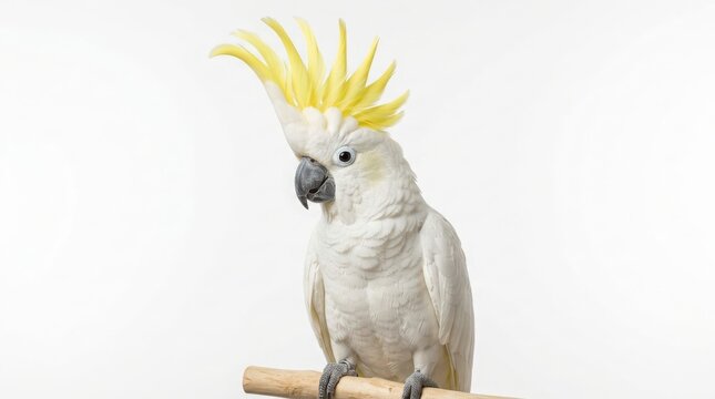 White sulphur crested cockatoo perching on wooden perch with white parrot yellow crest tropical bird exotic bird perched feathered creature wild bird species animal photography