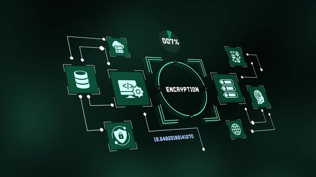Cyber security encryption system and data protection network display with HUD technology icons