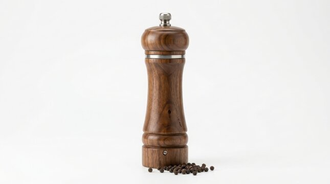 Wooden pepper mill grinder with spilled peppercorns on white surface black peppercorns spice mill kitchen tool cooking equipment kitchen accessory manual grinder food prep chef tool seasoning