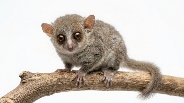 Small tarsier perched on a wooden branch against white background with small mammal exotic animal big eyes tree branch rare animal wild animal rare primate animal kingdom indonesian wildlife