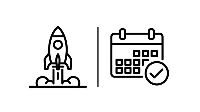 Rocket launch startup project and calendar schedule deadline icons with calendar
