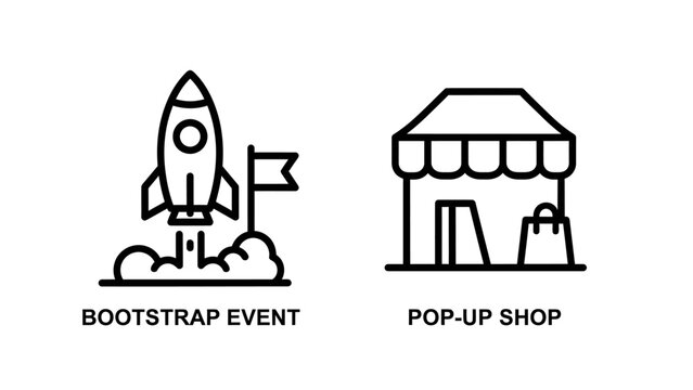 Set of black and white linear icons representing bootstrap event and pop-up shop