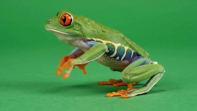 Frog with bright red eyes and green skin standing on a solid vibrant green background