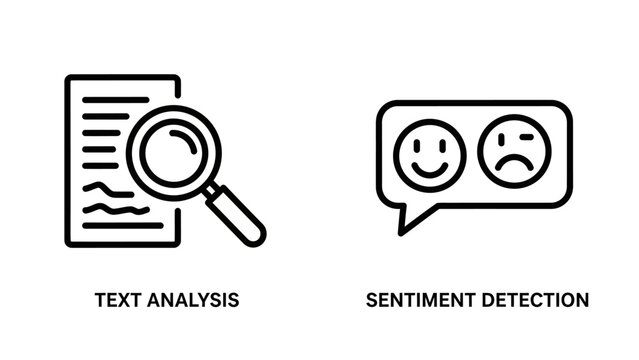 Black line icons showing text analysis and customer sentiment detection