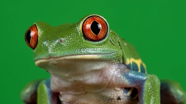 Red eyed tree frog posing against a solid vibrant green background in a detailed close up portrait