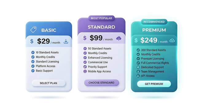 Subscription pricing table with basic standard and premium tiers