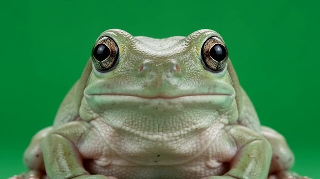 Frog portrait showing a detailed close up of a green amphibian face against a solid vibrant green background