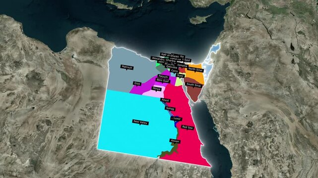 3D Animated Map of Egypt Highlighting Governorates, Flag Overlay, Sinai Peninsula, and Israel Borders