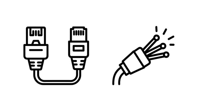 Ethernet cable and fiber optic cable connection icons line art vector