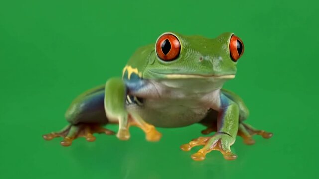 Frog with bright red eyes sitting on a vibrant green background looking forward in a studio environment