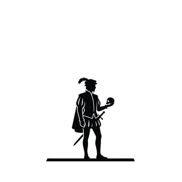 Silhouette of Hamlet holding Yoricks skull.