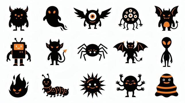 Black And Orange Two Tone Flat Vector Quirky Monster Creatures Collection Poses

