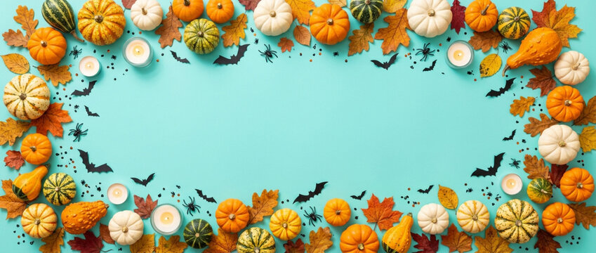 Autumn Halloween Frame with Pumpkins, Leaves, Bats, and Candles