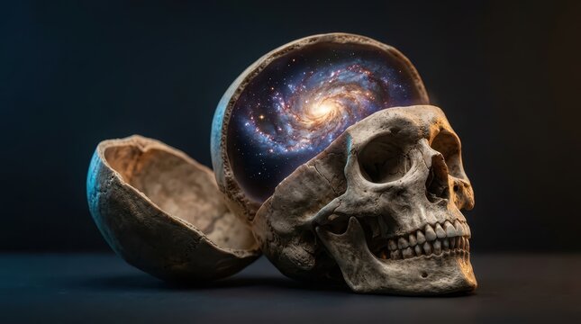 Macro view of human skull with brain model.
