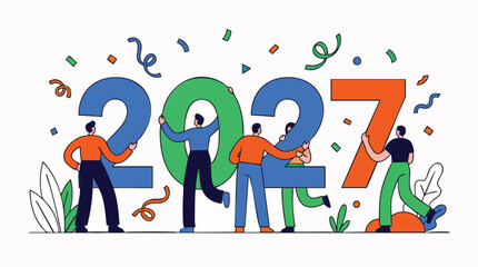 Fototapeta premium Diverse team of people arranging colorful 2027 numbers with festive confetti, symbolizing a happy new year celebration, ideal for greeting cards, corporate event banners, and digital marketing.