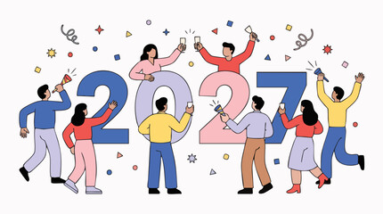Fototapeta premium Joyful diverse group of friends celebrating around large 2027 numbers with confetti and champagne toasts, symbolizing new beginnings for greeting cards and social media.