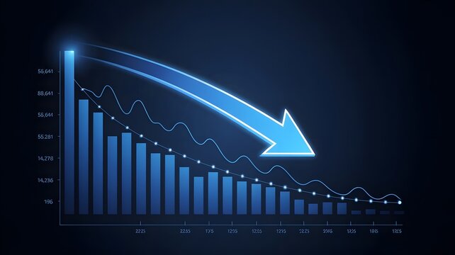 Bar chart with a downward arrow, economic decline, stock market, and investment strategy.