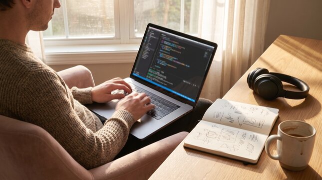Man coding on laptop with headphones and notebook at home