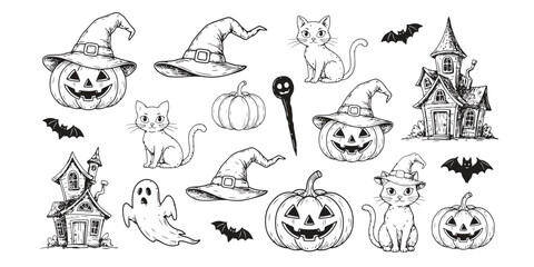 Fototapeta premium Hand drawn halloween set with pumpkins cats and haunted house