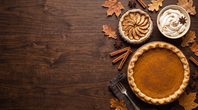 Autumn pumpkin pie and apple tart on dark wood background, rustic thanksgiving dessert table with fall leaves, seasonal holiday food flat lay