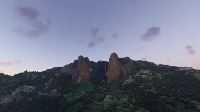 Sunrise aerial shot of Mallos de Riglos in Huesca. Spain