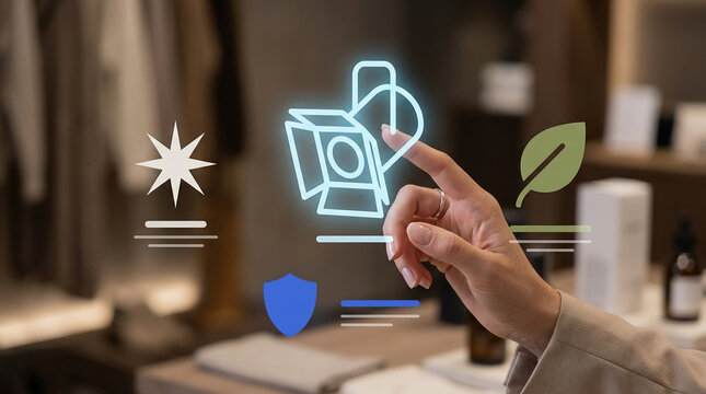 Woman using interactive holographic retail display with sustainable and lighting options in a high-end fashion or interior design store.