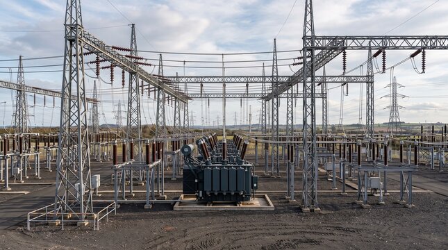 Electrical substation with high voltage power transformers and towers.