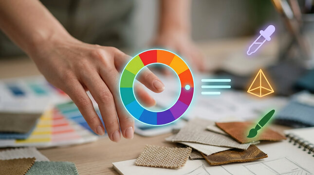 Professional Designer Using Digital Holographic Color Wheel Interface for Selecting Material Swatches and Textile Patterns in Creative Studio Workspace