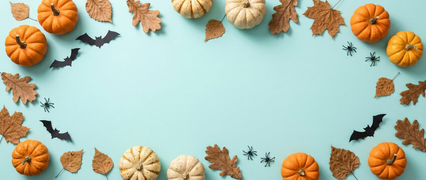 Halloween border with pumpkins, bats and autumn leaves on blue background