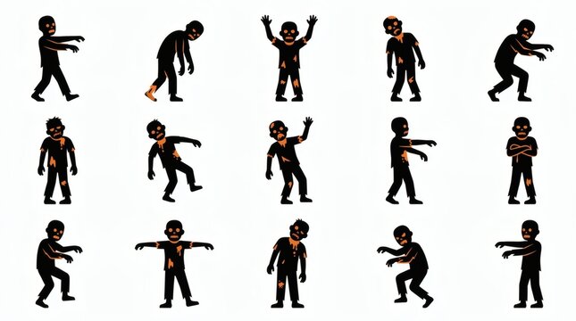 Black And Orange Two Tone Flat Vector Zombie Characters Collection Varied Poses


