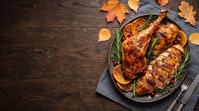 Roasted turkey dinner with autumn leaves on dark wood background, festive thanksgiving meal with sliced poultry and rosemary, traditional holiday food flat lay