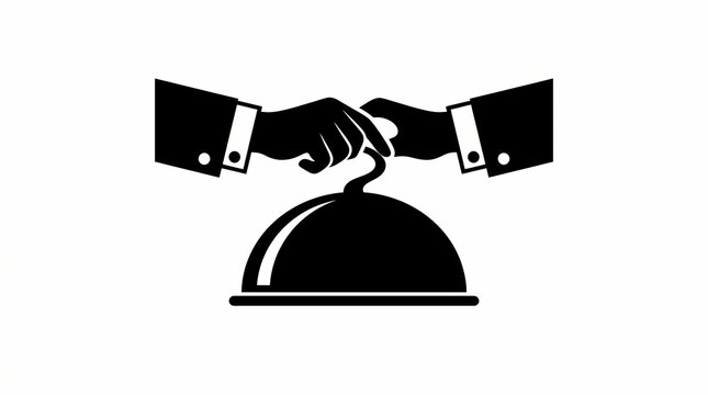 Black and white icon of a waiter serving a gourmet meal with a cloche.