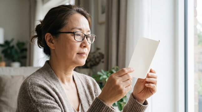 presbyopia woman stress fatigue concept. Woman in sweater reading a card by the window.