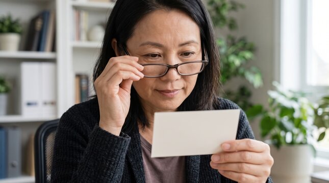presbyopia woman stress fatigue concept. Focused woman reading a card in a cozy indoor setting.