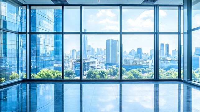 Office interior with panoramic windows overlooking a modern city skyline under a clear blue sky during a sunny day