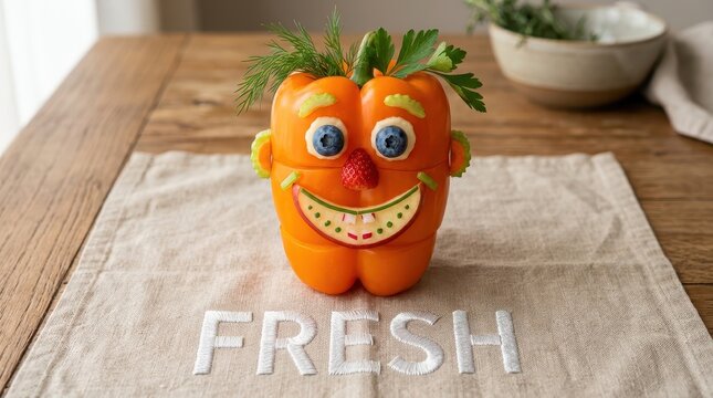 Fresh carrot with orange smiley face decoration.