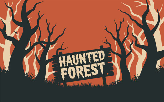 Wooden sign in a haunted forest with spooky leafless trees halloween leafless
