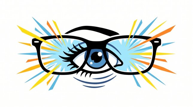 presbyopia woman stress fatigue concept. Colorful illustration of glasses with an eye and dynamic bursts around them.