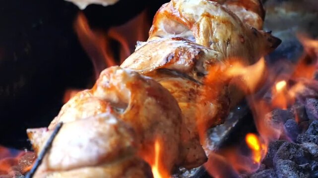 Whole chickens rotating on a spit over glowing embers, slow cooking process