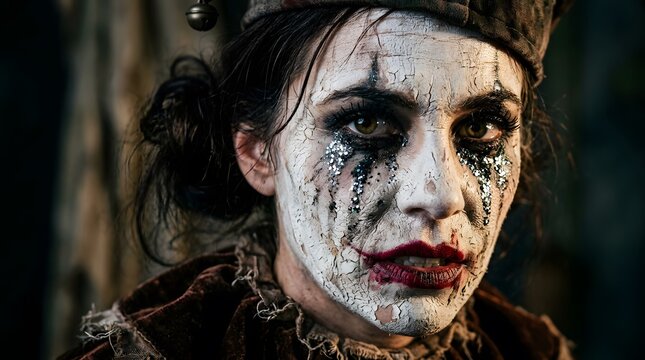 Close up portrait of scary jester woman with cracked makeup