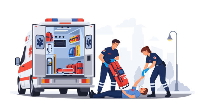 Paramedics assist patient near ambulance, emergency medical services concept